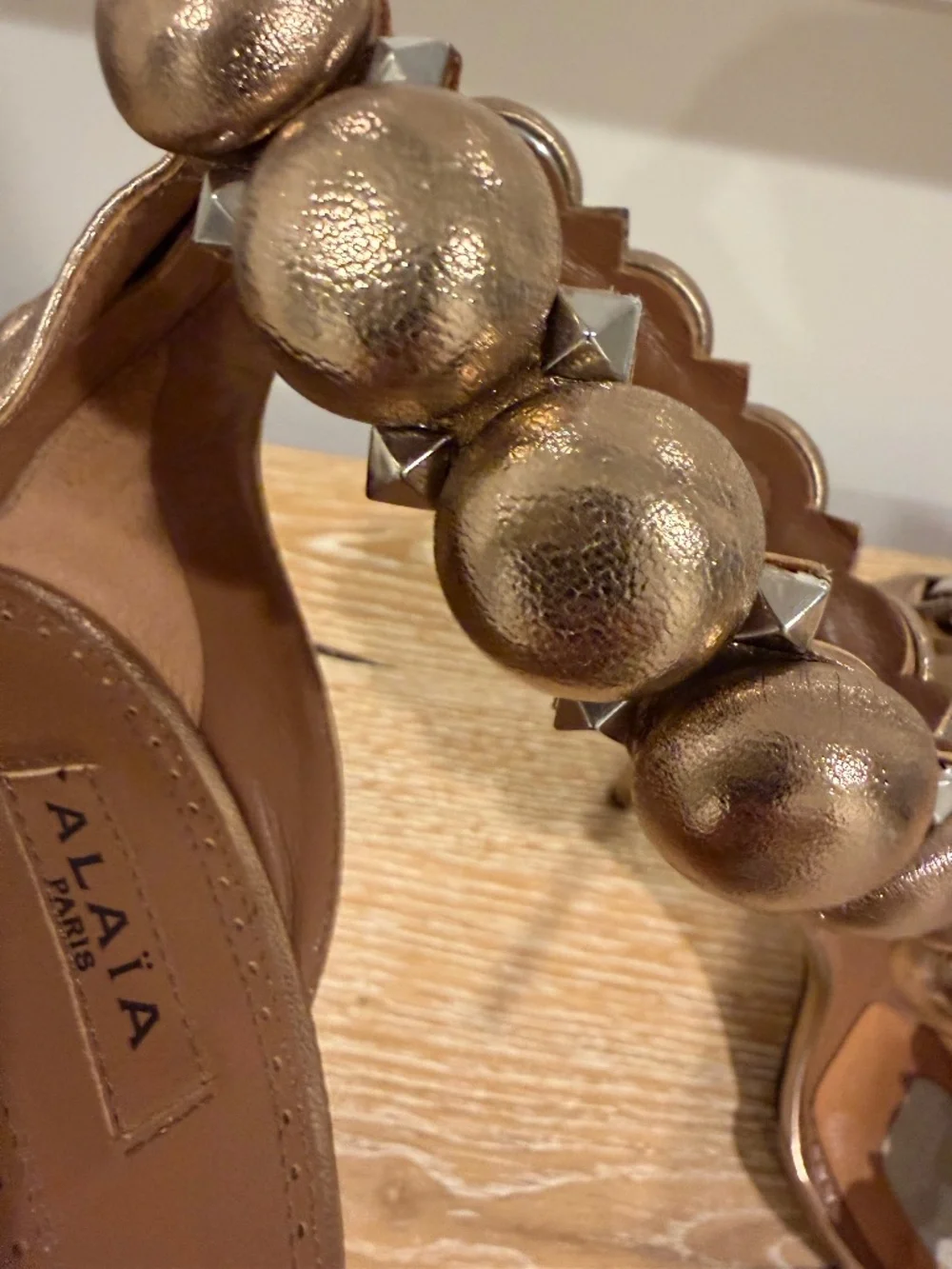 Alaia Sandals Metallic Bronze Leather Bombe Ankle Strap Size 38
